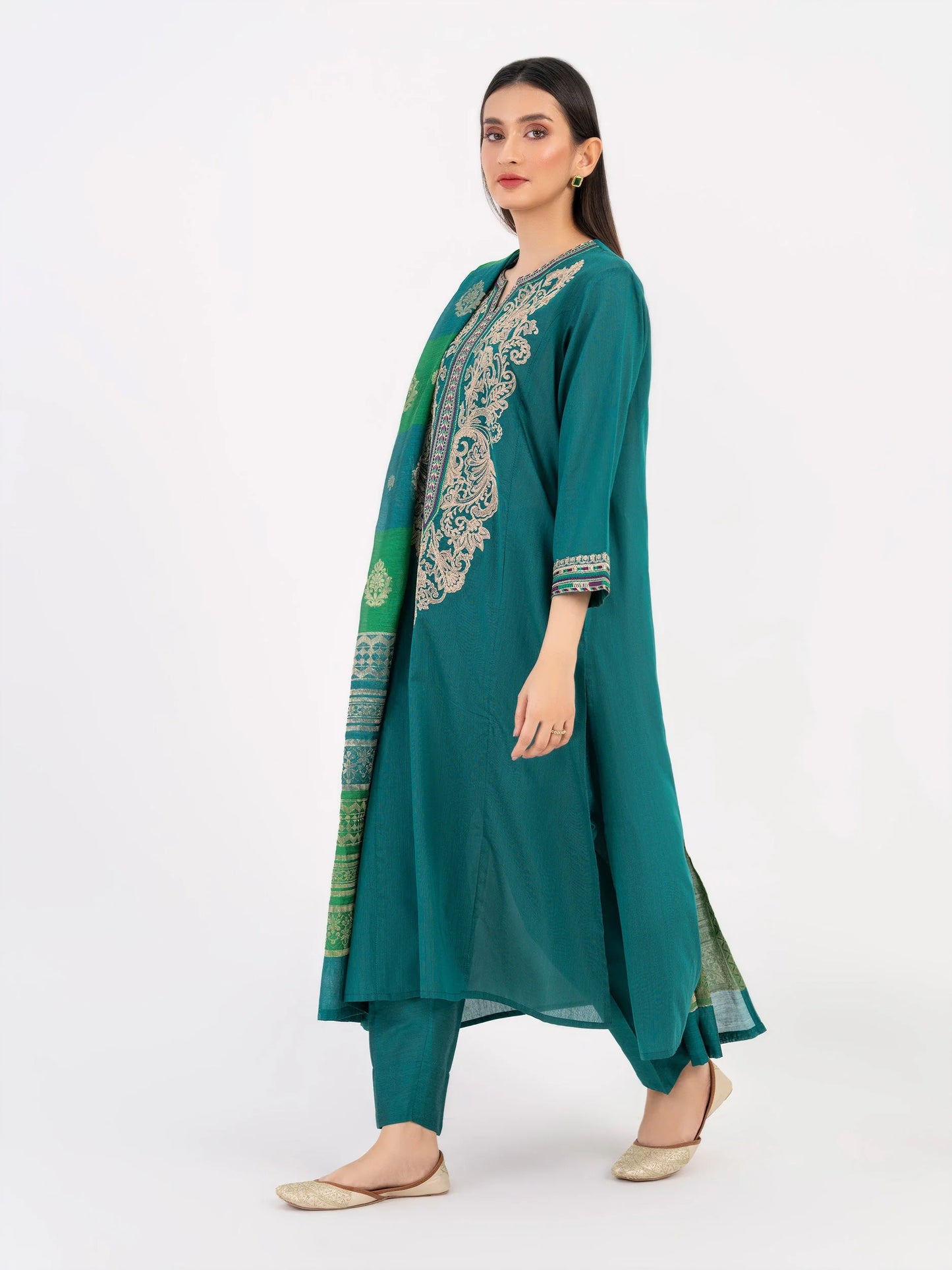 3 Piece Raw Silk Suit-Embroidered (Pret)