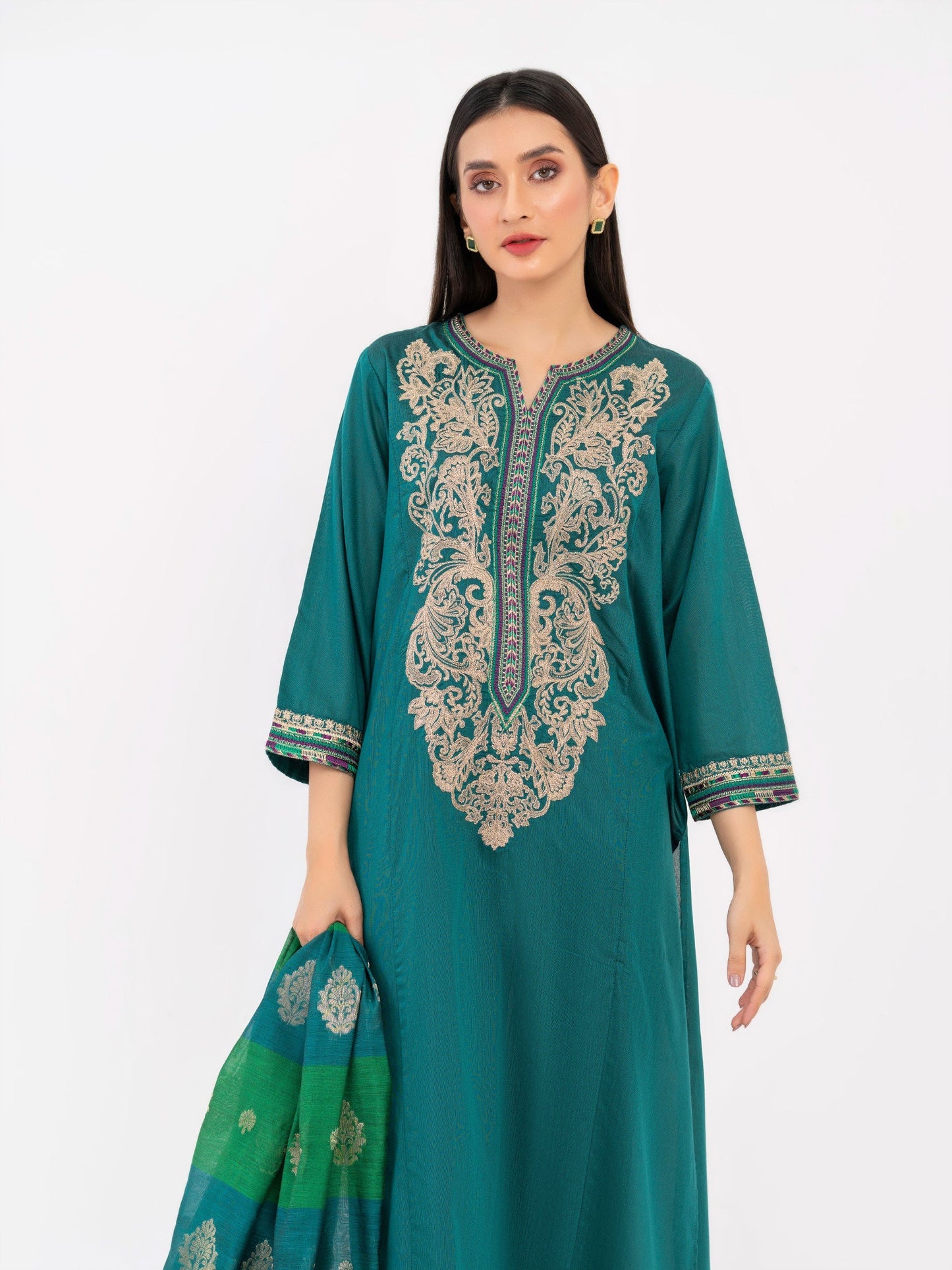 3 Piece Raw Silk Suit-Embroidered (Pret)