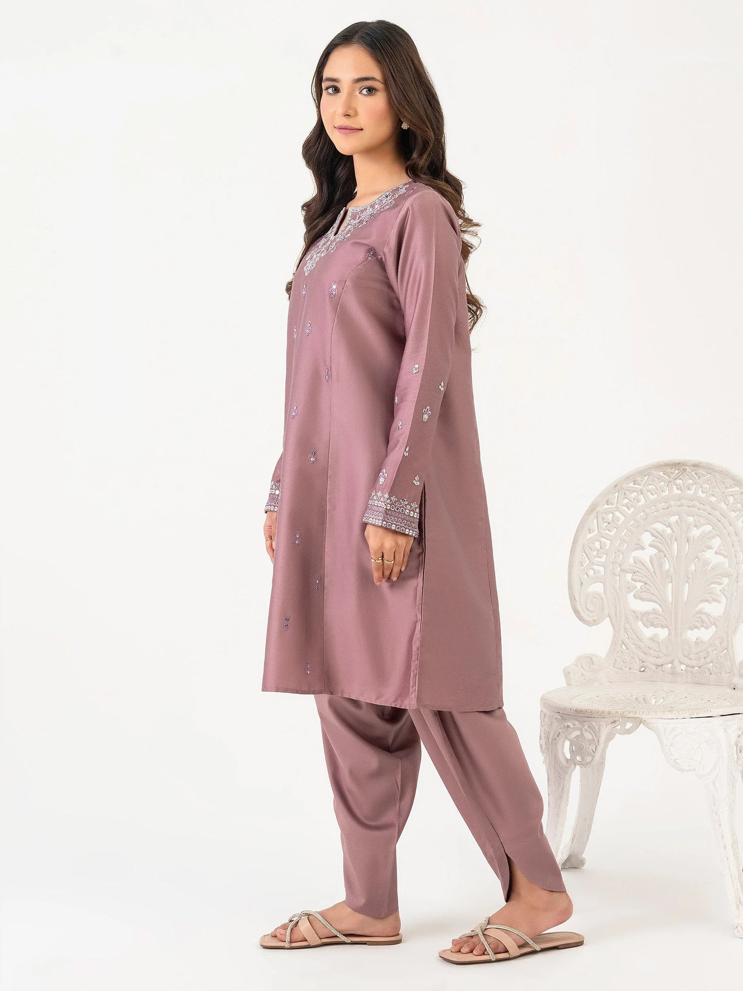 2 Piece Satin Suit-Embroidered (Pret)